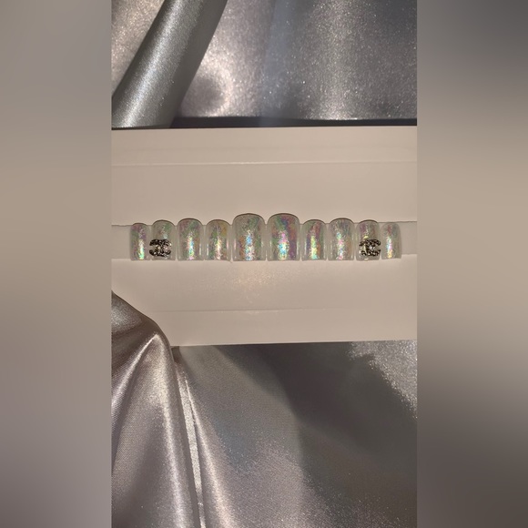 Milky White Iridescent Extra Short Square Nails with Bling Charms - Picture 6 of 8